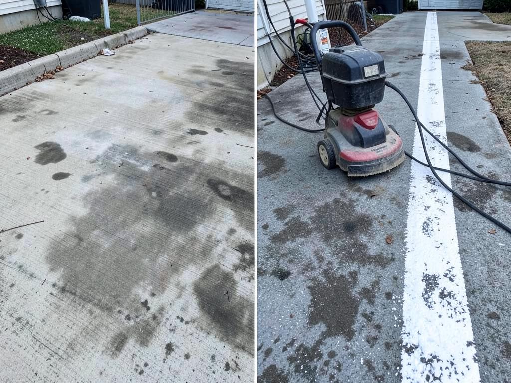 Half-cleaned concrete driveway showing the difference after pressure washing