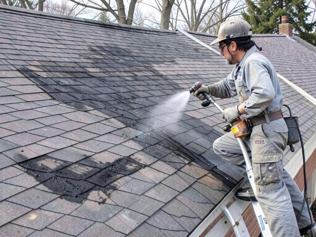 Roof soft washing in progress, black algae streaks being rinsed from shingles