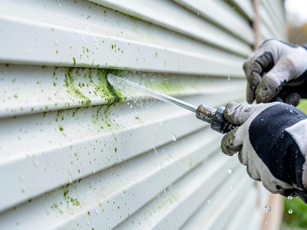 Technician soft washing green algae off white vinyl house siding