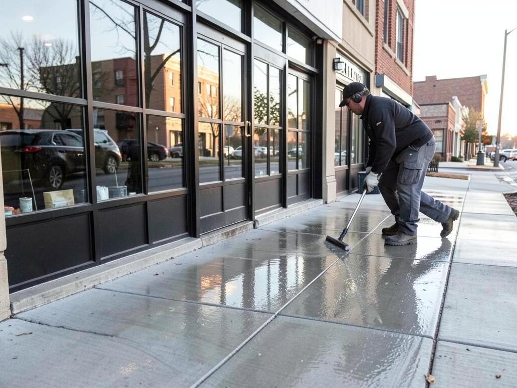 Worker pressure washing a commercial storefront sidewalk early in the morning